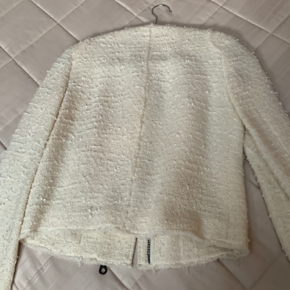 🤍Ivory Cream Tweed Moto Cropped Boucle Metallic Fray Frayed Raw Edge Zip Blazer - Picture 11 of 13